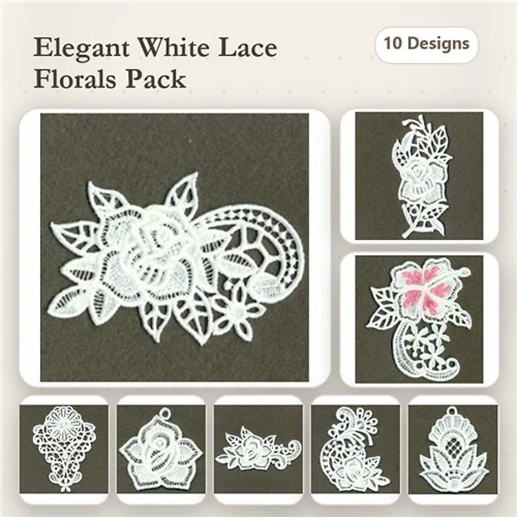 FSL Elegant Floral Lace Embroidery Designs Bundle – Lace Floral Bunch, Ornate Lace Flower, Delicate Rose Lace & More (10 Designs)