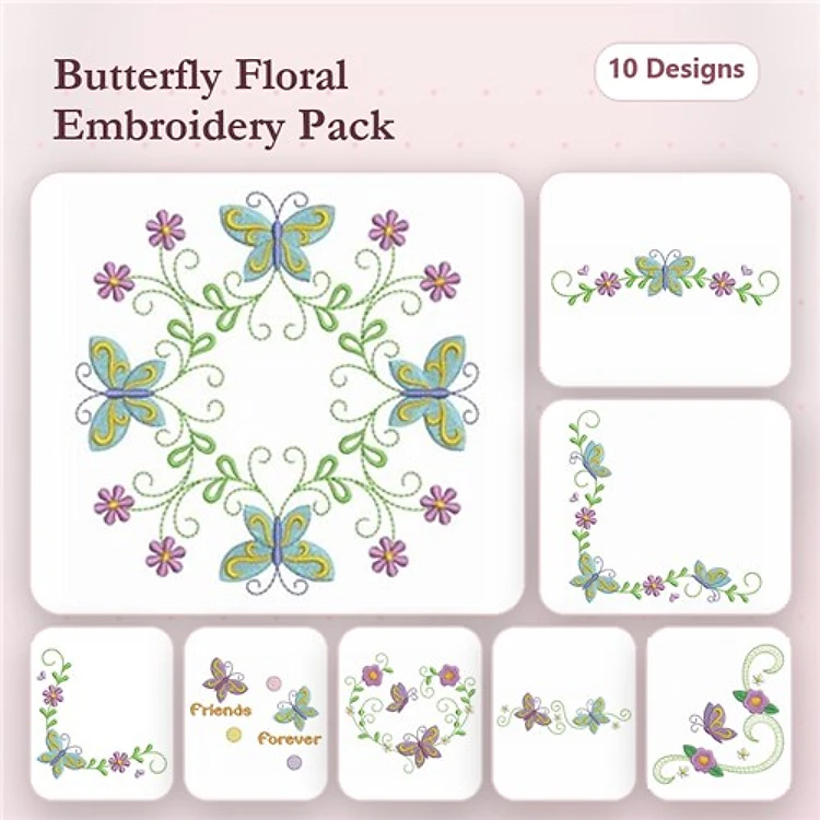 Floral Embellishments Embroidery Designs Bundle – Butterfly with Flowers, Flower Wreath with Butterflies, & More (10 Designs)