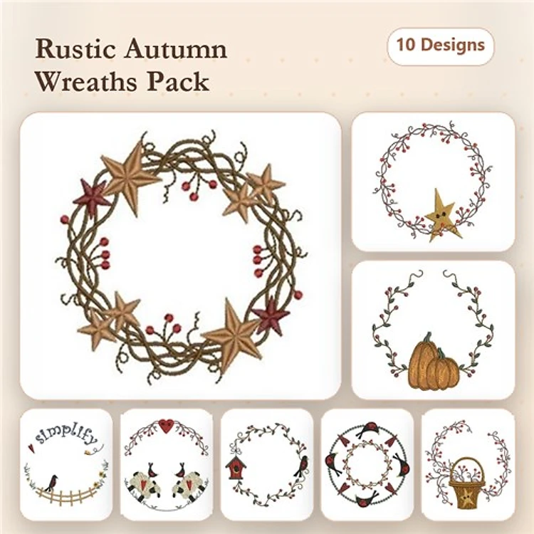 Rustic Autumn Wreath Embroidery Designs Bundle – Star Wreath, Pumpkin Wreath, Berry Wreath & More (10 Designs)