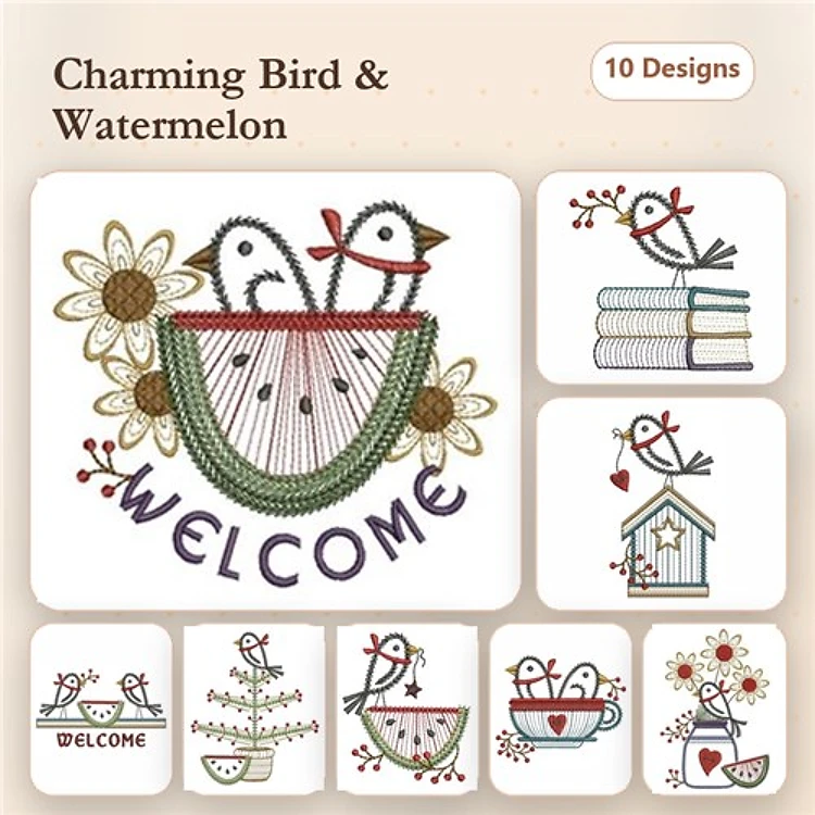 Charming Birds & Watermelon Embroidery Designs Bundle – Birds in Watermelon, Welcome Sign, & More (10 Designs)