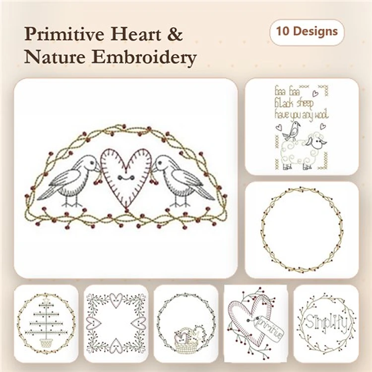 Redwork Primitive Heart & Nature Embroidery Bundle – Birds with Heart, Floral Heart, Leafy Circle & More (10 Designs)