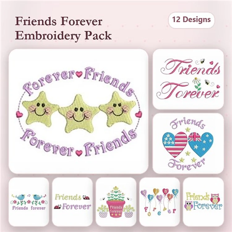 Friends Embroidery Designs Bundle – Friends Forever Text, Cupcake with Sprinkles, Star Smiley Faces & More (12 Designs)