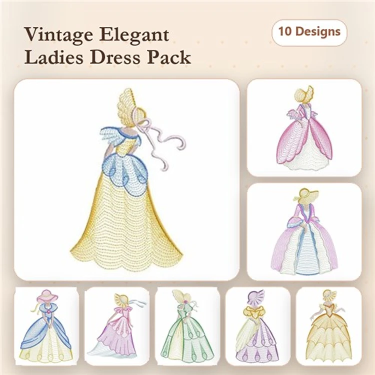 Ladies Vintage Dresses Embroidery Designs Bundle – Elegant Dress with Blue Ribbon, Pink Ribbon, Wide Hat & More (10 Designs)