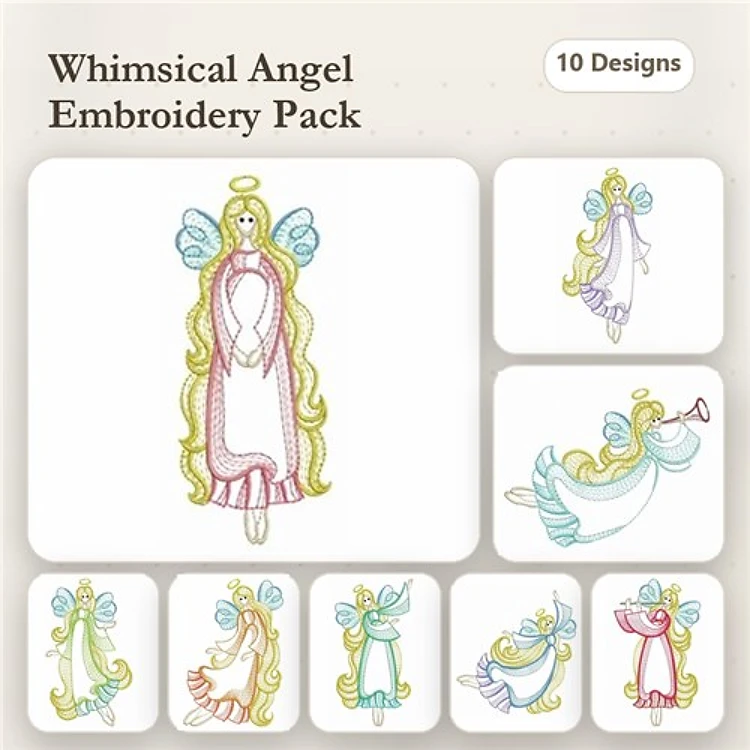 Rippled Whimsical Angels Embroidery Designs Bundle – Angel with Trumpet, Angel with Wand, Standing Angel & More (10 Designs)