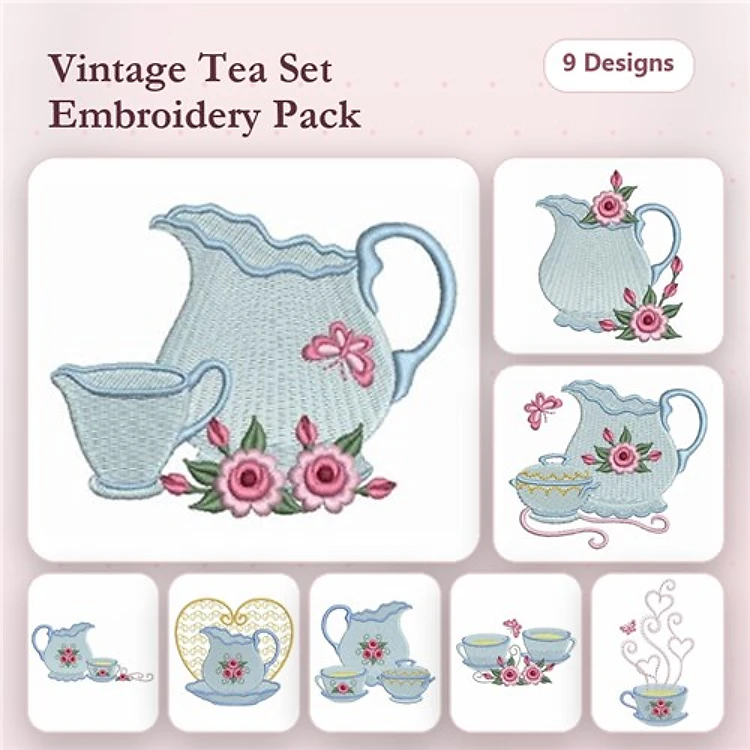 Floral Vintage Tea Set Embroidery Designs Bundle – Teapot with Flowers, Tea Cup with Roses & More (9 Designs)