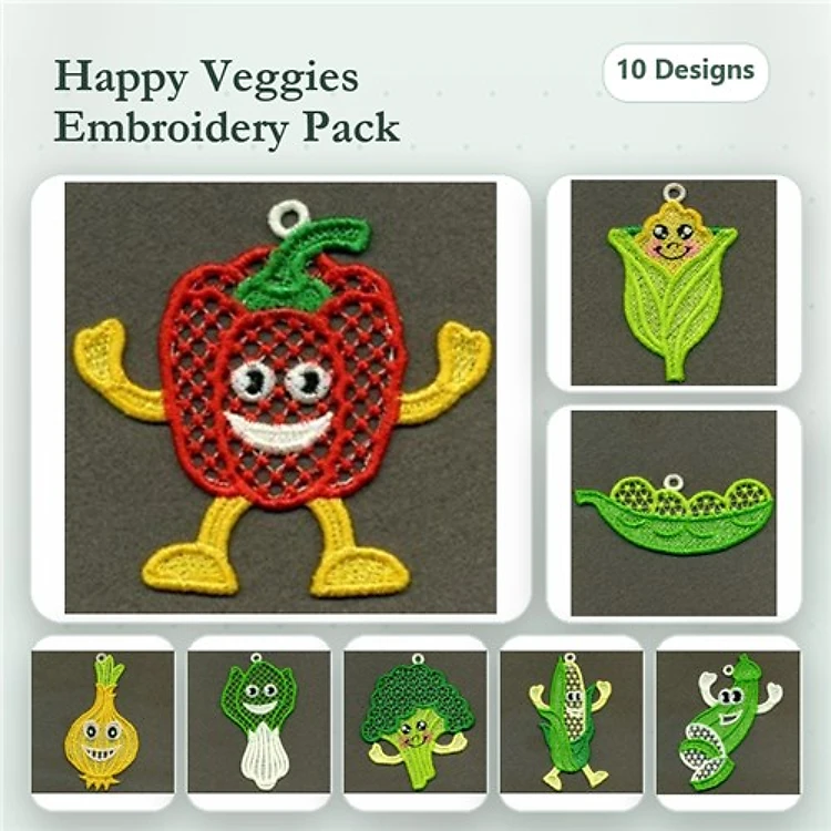 FSL Happy Vegetable Characters Embroidery Designs Bundle – Red Bell Pepper, Happy Corn, Pea Pod & More (10 Designs)