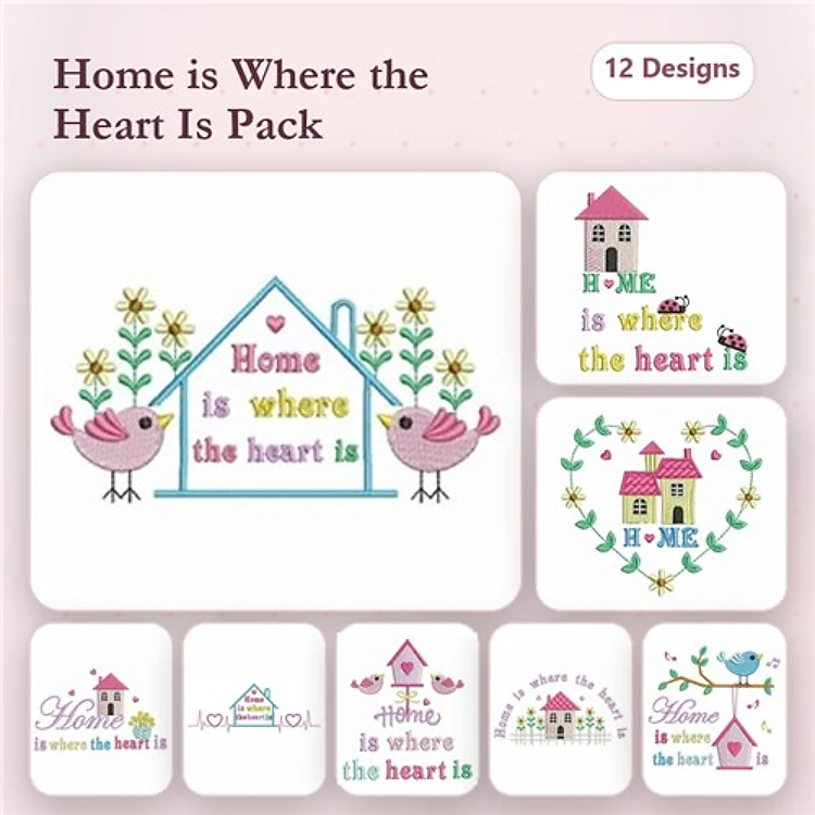 Home & Nature Embroidery Designs Bundle – Home is Where the Heart Is, Birdhouse with Flowers, & More (12 Designs)