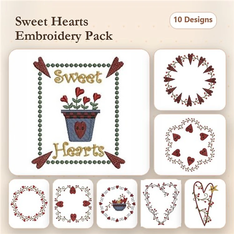 Redwork Heart & Flower Embroidery Designs Bundle – Sweet Hearts Frame, Heart Pot with Flowers, Vine Heart & More (10 Designs)