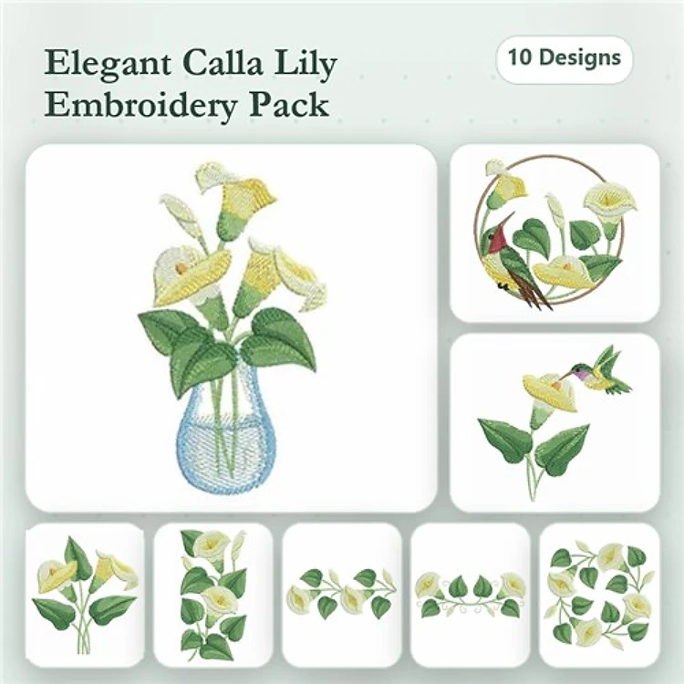 Elegant Calla Lily Embroidery Designs Bundle – Calla Lily Bouquet, Hummingbird & More (10 Designs)