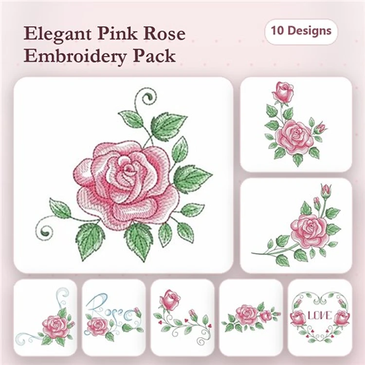 Floral Embroidery Designs Bundle – Elegant Pink Rose, Small Pink Rose, Love Text & More (10 Designs)