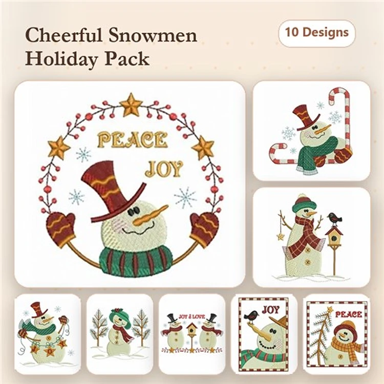 Cheerful Snowmen Embroidery Bundle – Snowman with Peace and Joy, Snowman with Candy Cane, & More (10 Designs)