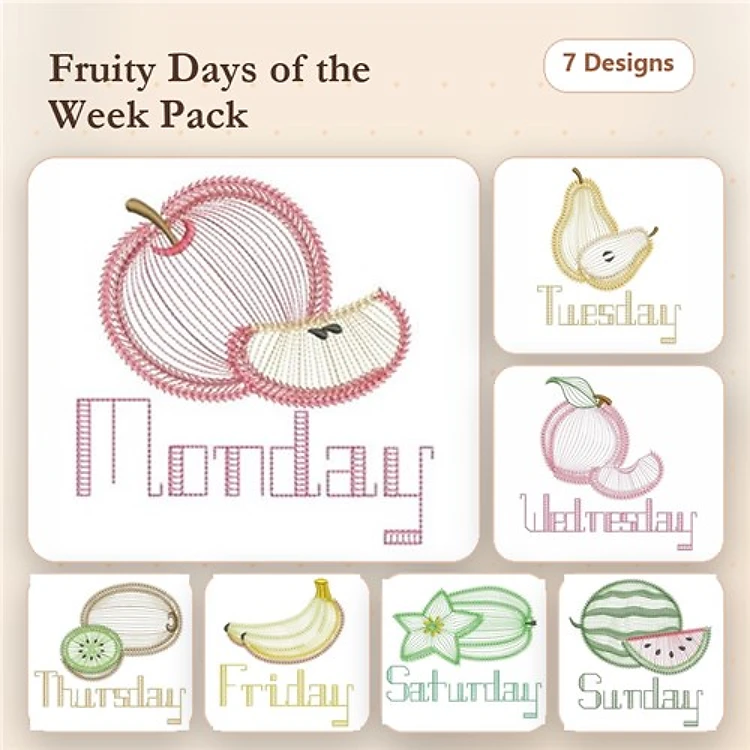 Rippled Fruity Days of the Week Embroidery Designs Bundle – Apple Monday, Pear Tuesday, Cherry Wednesday & More (7 Designs)