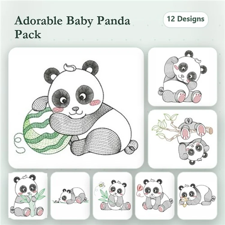 Rippled Baby Pandas Embroidery Bundle – Panda Playing with Yarn, Panda with Bamboo, Panda Climbing & More (12 Designs)