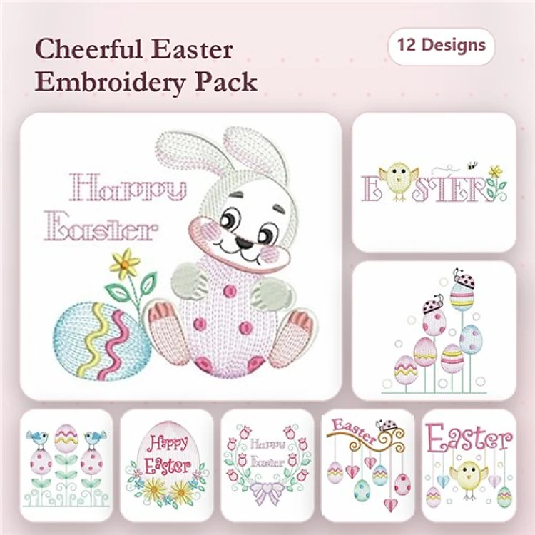 Rippled Easter Embroidery Designs Bundle – Happy Easter Bunny, Colorful Easter Eggs, Chick with Easter Text & More (12 Designs)