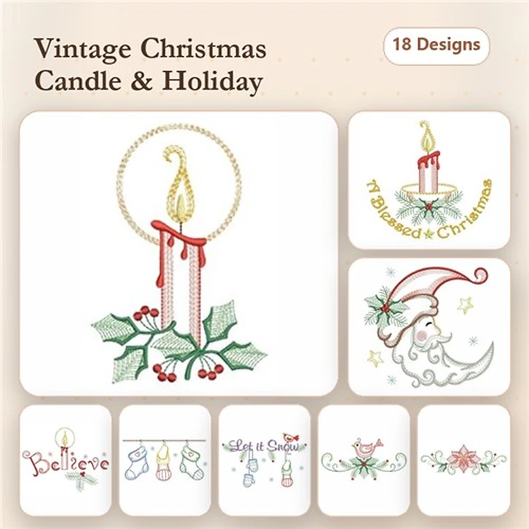Rippled Vintage Christmas Candle Embroidery Designs Bundle – Candle with Holly, Santa Design & More (18 Designs)
