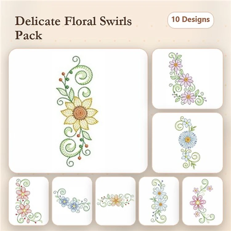 Rippled Floral Swirls Embroidery Bundle – Sunflower, Pink & Blue Blooms, Delicate Floral Vine & More (10 Designs)