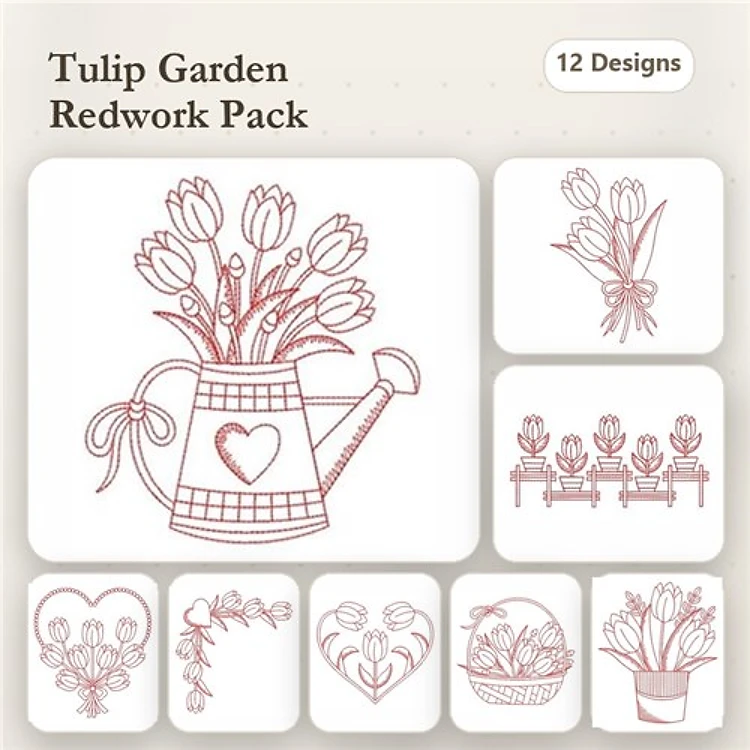 Redwork Tulip Embroidery Bundle – Watering Can with Tulips, Tulip Bouquet, Heart with Tulips & More (12 Designs)