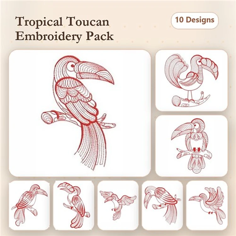 Redwork Tropical Toucan Embroidery Bundle – Toucan on Branch, Flying Toucan, Toucan Family & More (10 Designs)