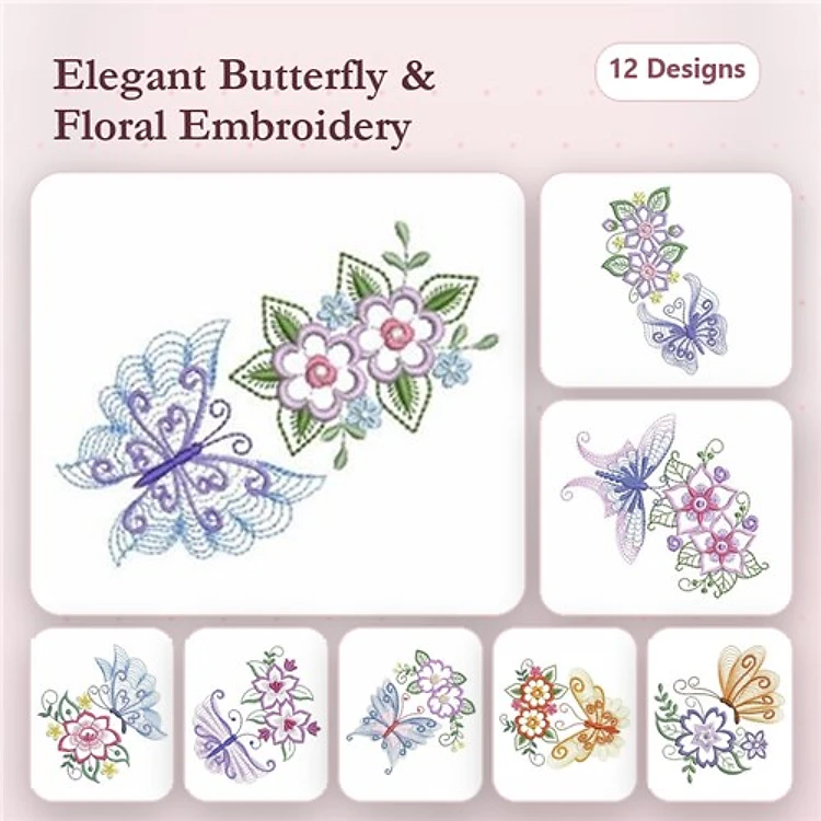 Butterfly & Floral Embroidery Bundle – Elegant Butterfly with Flowers, Floral Bouquet with Butterfly & More (12 Designs)