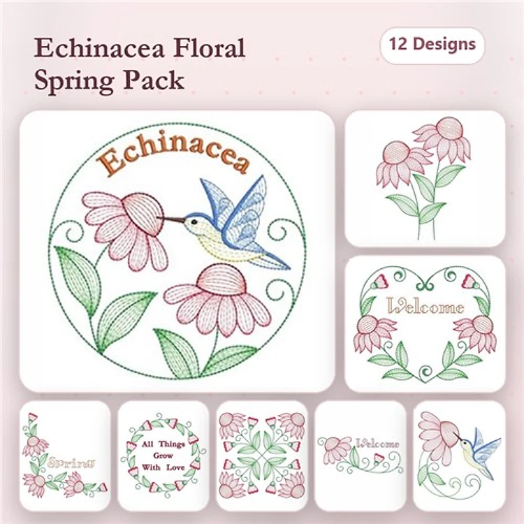Rippled Echinacea Floral Embroidery Designs Bundle – Hummingbird, Wreath, Welcome Text & More (12 Designs)