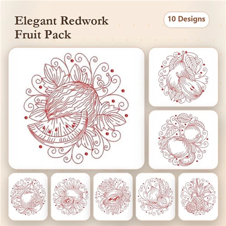 Redwork Elegant Fruit Embroidery Designs Bundle – Watermelon, Strawberry, Peach, Pineapple & More (10 Designs)