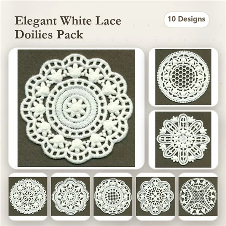 FSL Elegant Lace Doily Embroidery Bundle – Round Lace Doily with Stars, Floral Lace Doily, Ornate Lace Doily & More (10 Designs)