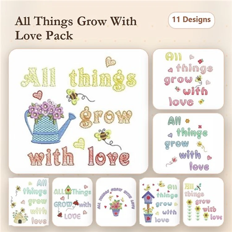 Gardening & Love Embroidery Designs Bundle – Watering Can, Bee with Flower, Love Garden Sign & More (11 Designs)