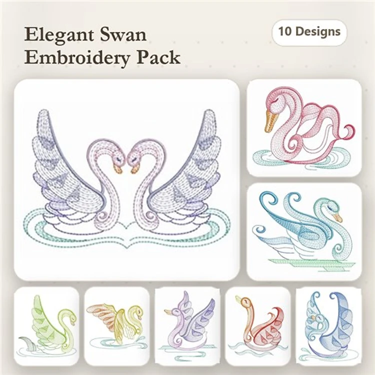 Rippled Elegant Swan Embroidery Bundle – Heart-Shaped Swans, Swan with Water Waves, Artistic Swan Silhouette & More (10 Designs)