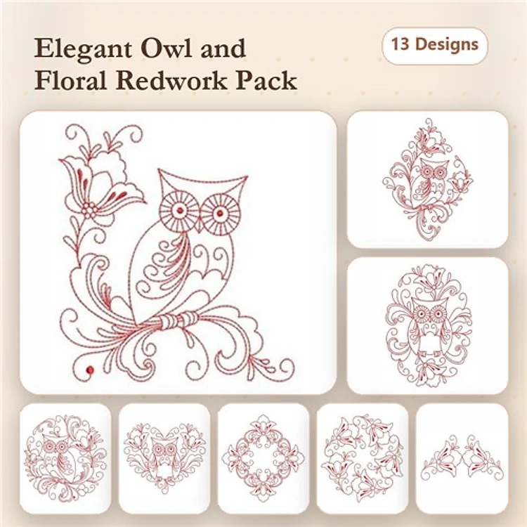 Redwork Owl and Floral Embroidery Designs Bundle – Elegant Owl, Floral Heart, Owl with Flowers & More (13 Designs)