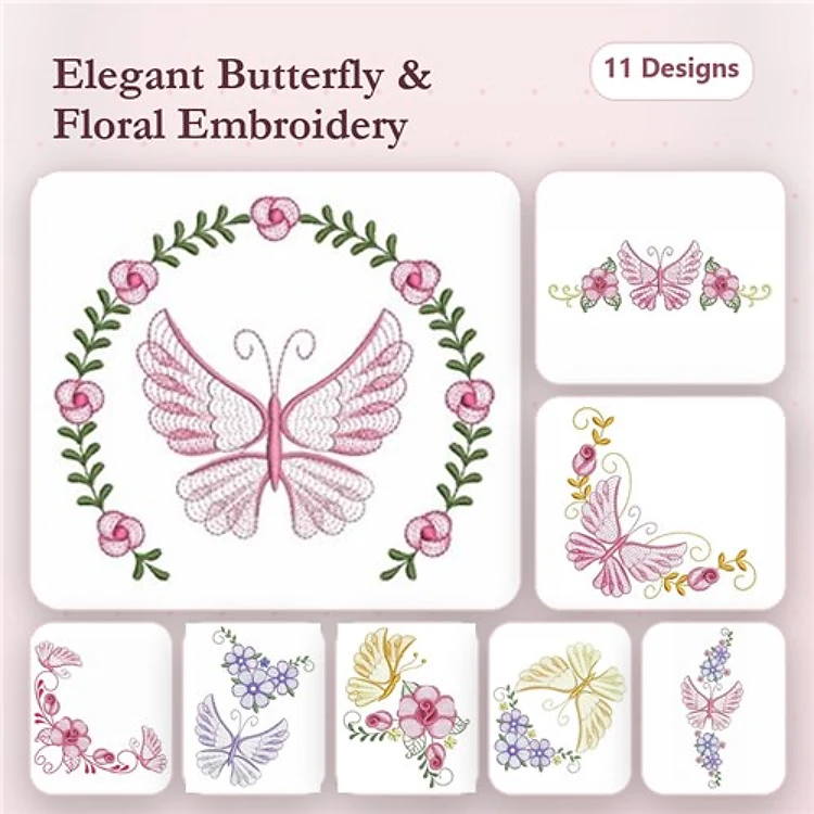 Rippled Elegant Butterflies and Florals Embroidery Designs Bundle – Butterfly with Floral Wreath, Vintage Floral Butterfly & More (11 Designs)