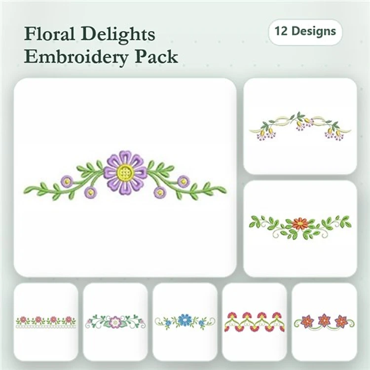 Floral Embellishment Embroidery Designs Bundle – Floral Sprig, Ornamental Band, Floral Vine & More (12 Designs)