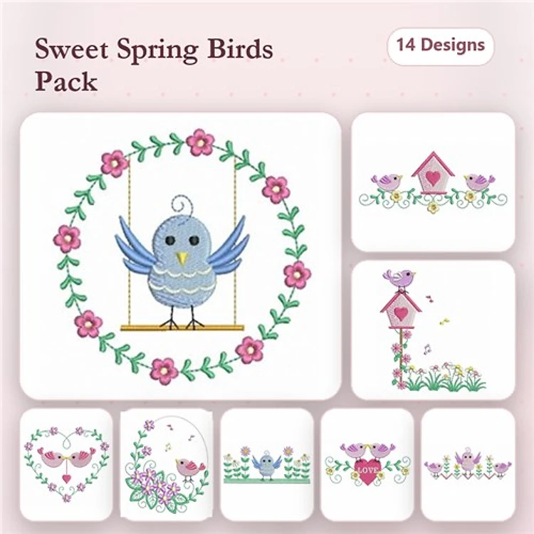 Spring Bird Embroidery Bundle – Blue Bird, Flower Birdhouse, Heart with Birds & More (14 Designs)