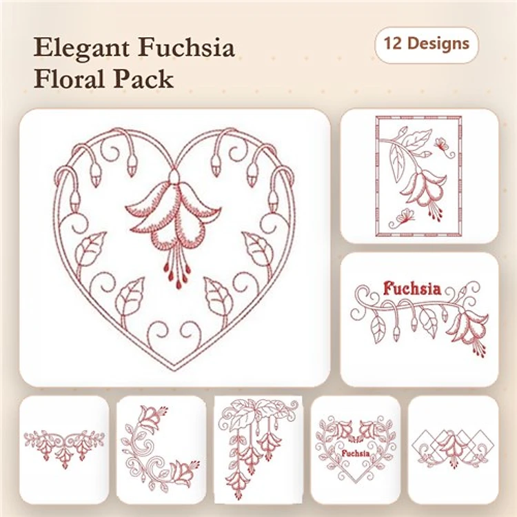 Redwork Floral Embellishments Embroidery Bundle – Fuchsia Heart, Fuchsia Floral Corner, Fuchsia Frame & More (12 Designs)