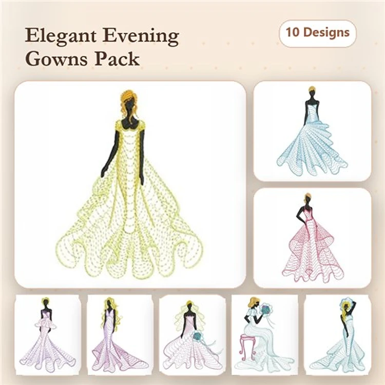 Rippled Elegant Evening Gown Embroidery Designs Bundle – Yellow Ripple Gown, Pink Evening Gown, Blue Evening Gown & More (10 Designs)