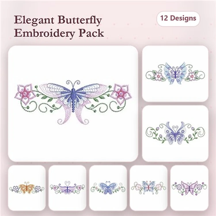Rippled Elegant Butterfly Embroidery Designs Bundle – Butterfly with Floral Accents, Dual Butterfly Design, & More (12 Designs)