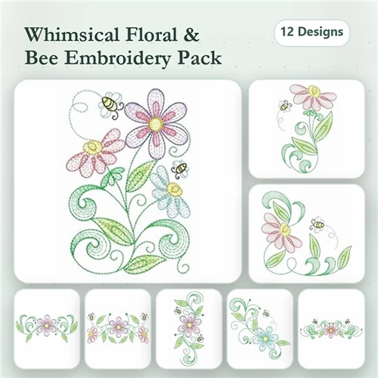Rippled Floral & Bee Embroidery Designs Bundle – Whimsical Floral with Bees, Flower Bouquet, Two Bees & More (12 Designs)