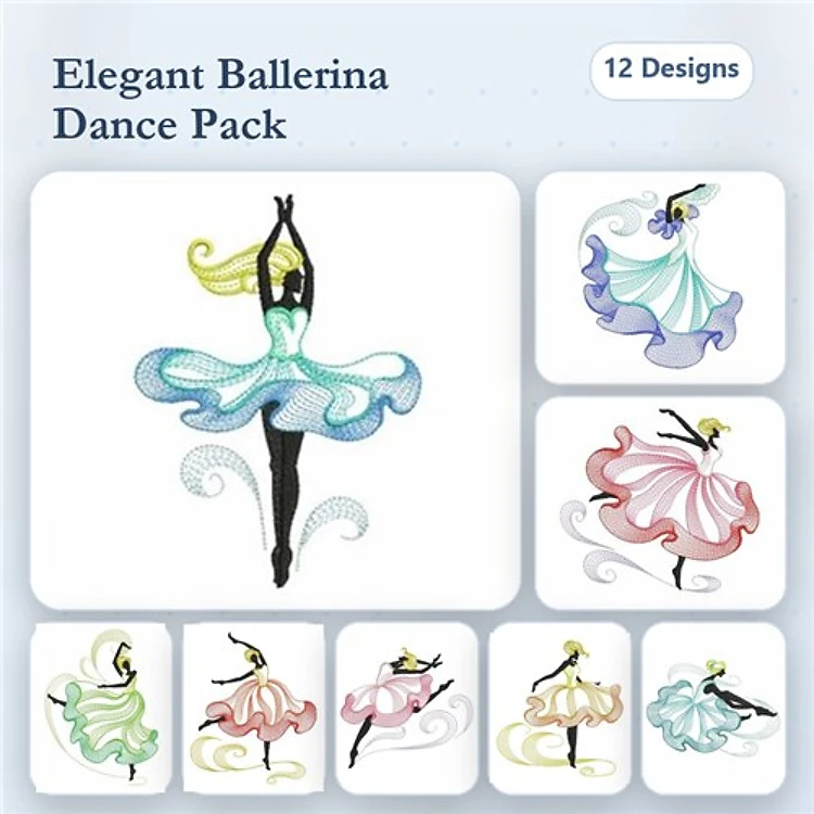 Rippled Elegant Ballerinas Embroidery Bundle – Ballerina in Blue Dress, Pink Dress, White Dress & More (12 Designs)