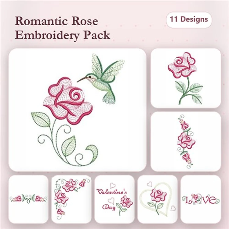 Rippled Rose Embroidery Designs Bundle – Hummingbird and Rose, Valentine's Day Rose, Decorative Rose & More (11 Designs)