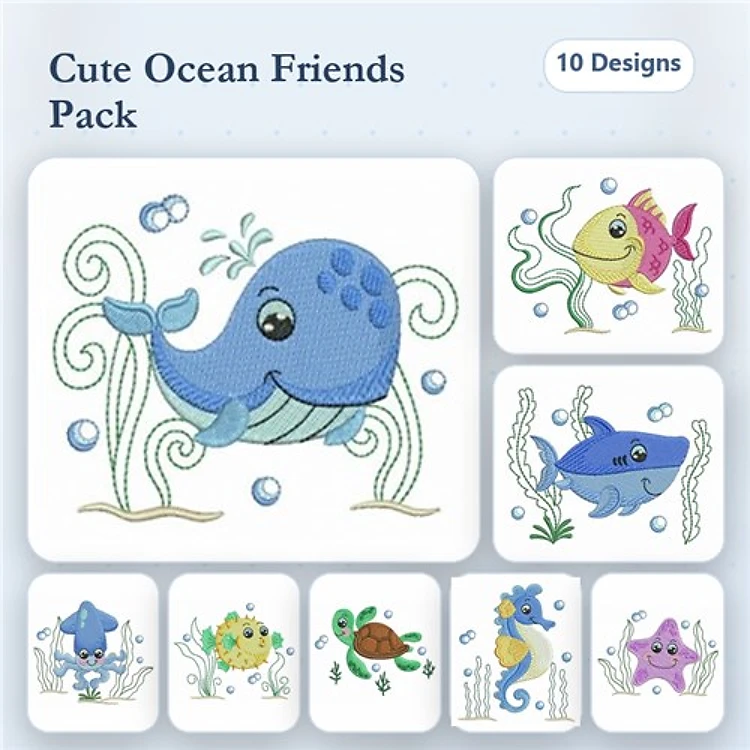 Ocean-Themed Characters Embroidery Designs Bundle – Whale, Shark, Fish & More (10 Designs)