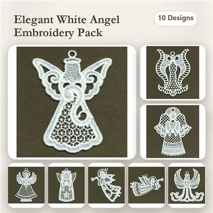 FSL Elegant White Angel Embroidery Bundle – Angel Ornament, Standing Angel, Radiant Angel & More (10 Designs)