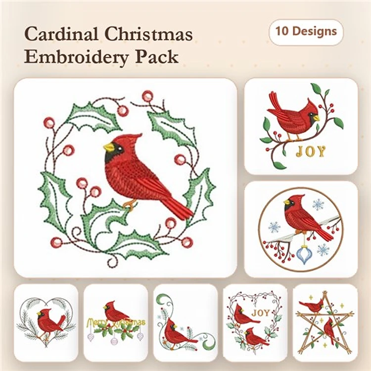 Cardinal Christmas Embroidery Bundle – Cardinal Wreath, Joy Cardinal, Cardinal with Holly & More (10 Designs)