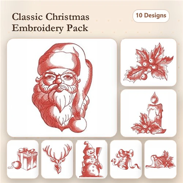 Redwork Classic Christmas Embroidery Designs Bundle – Santa Claus, Christmas Holly, Candle & More (10 Designs)