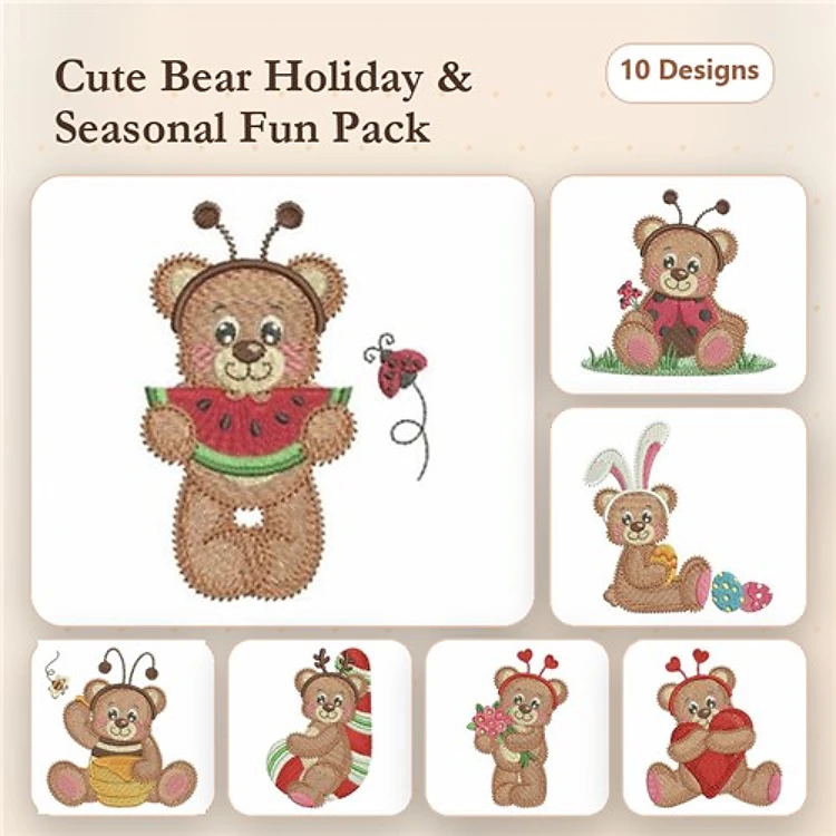 Cute Bear Characters Embroidery Designs Bundle – Watermelon, Ladybug, Bunny Ears & More (10 Designs)