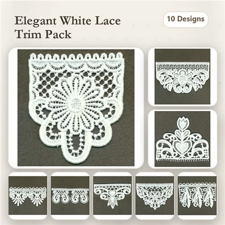 FSL Elegant White Lace Trims Embroidery Bundle – Floral Center, Curved Edges, Ornate Borders & More (10 Designs)