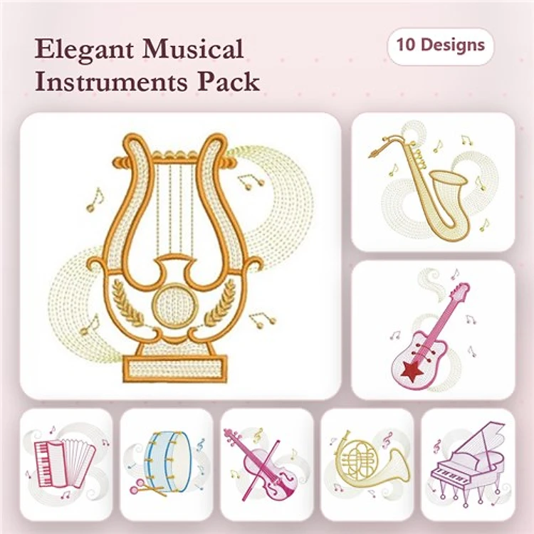 Rippled Musical Instruments Embroidery Bundle – Harp, Saxophone, Guitar, Piano & More (10 Designs)