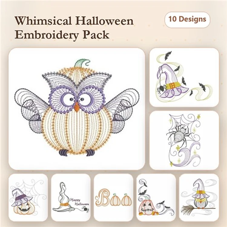 Rippled Whimsical Halloween Embroidery Designs Bundle – Owl with Pumpkin, Happy Halloween Spider, Witch Hat & More (10 Designs)