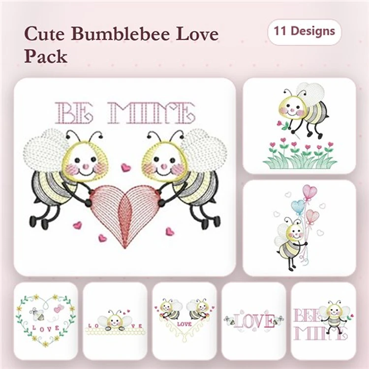 Rippled Bumblebee Love Embroidery Designs Bundle – Bumblebee Holding Heart, Love Text, Bumblebee with Flowers & More (11 Designs)