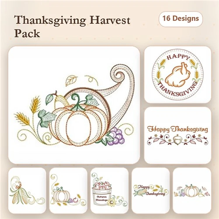 Thanksgiving Harvest Embroidery Designs Bundle – Cornucopia, Pumpkins, Happy Thanksgiving Text & More (16 Designs)