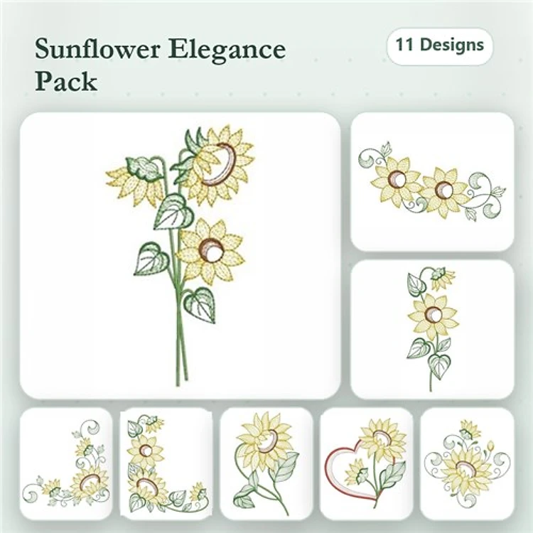 Rippled Sunflower Embroidery Designs Bundle – Sunflower Stem, Sunflower Cluster, Sunflower with Leaves & More (11 Designs)