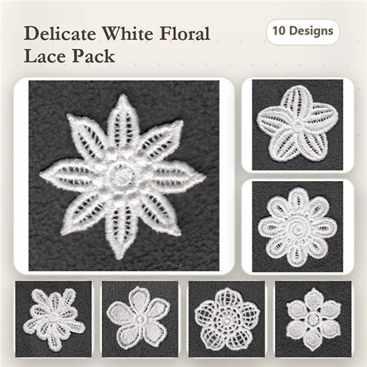 FSL Floral Lace Embroidery Designs Bundle – Floral Lace Star, Lace Flower with Petals & More (10 Designs)